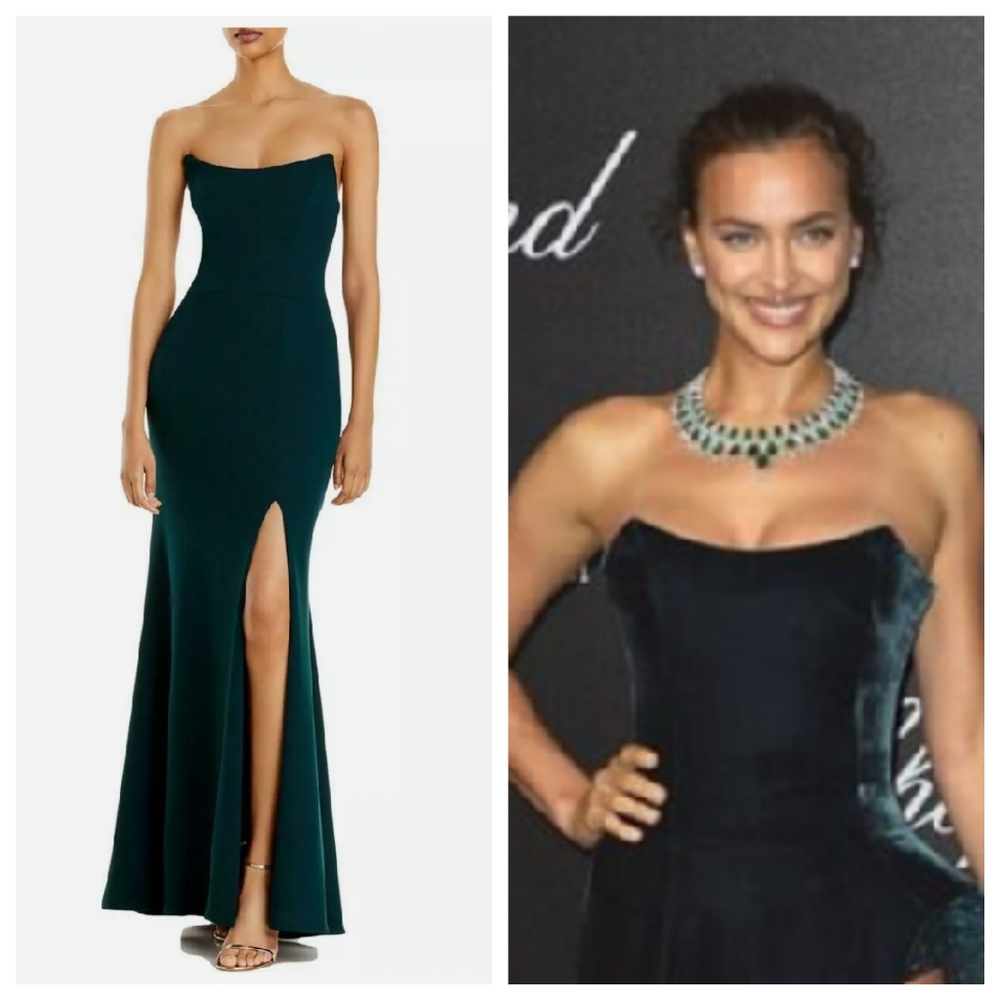 NEW AQUA Pine Forest Green Twill Strapless Front Slide Formal Evening Maxi Gown